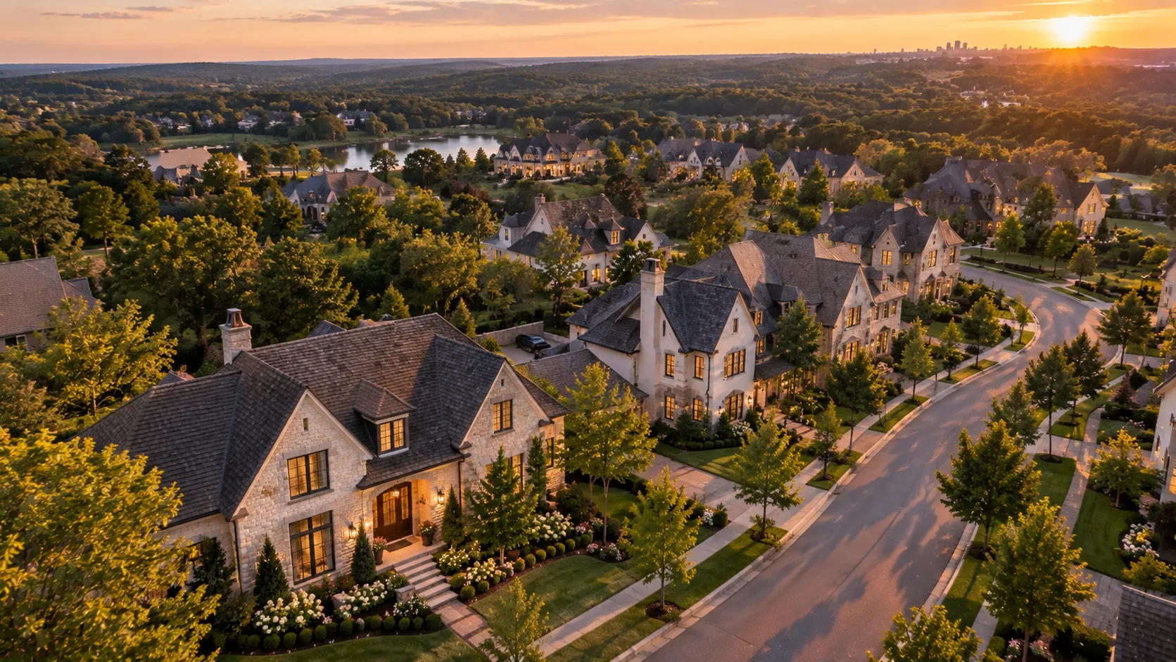 Aerial view of a wooded Brentwood neighbourhood at golden hour