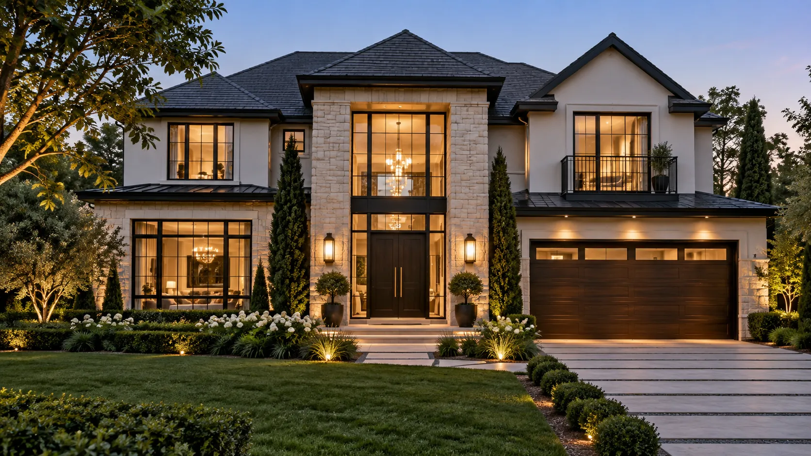 Limestone estate with tall arched windows glowing at dusk