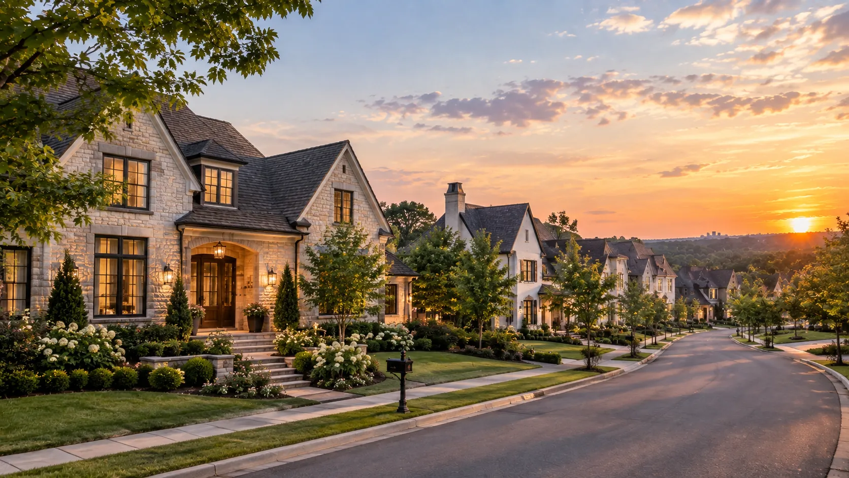 Stone Tudor homes along a curving, tree-lined street at sunset