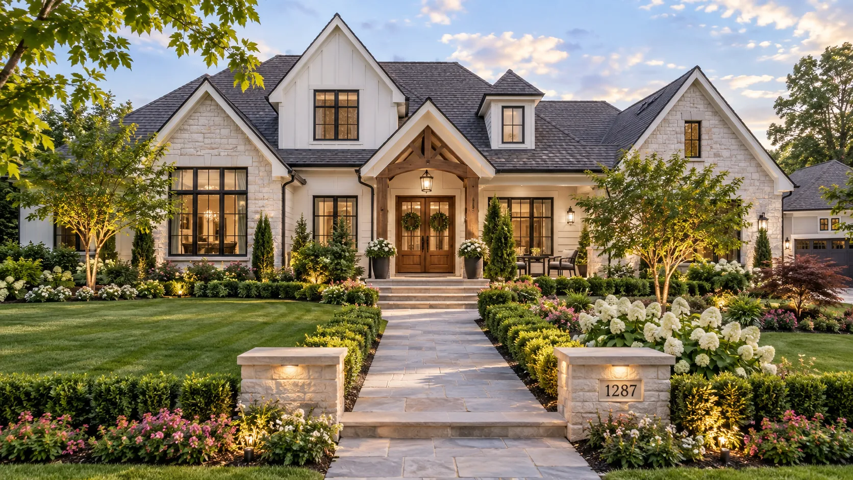 Front of a white brick family home with a timber entry and landscaped walk