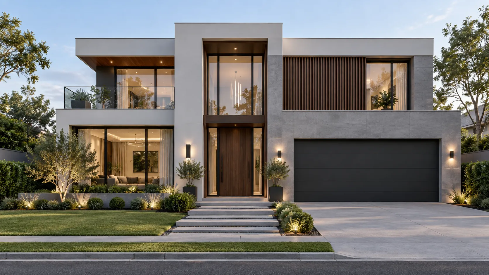 Two-storey modern white home with timber accents at dusk
