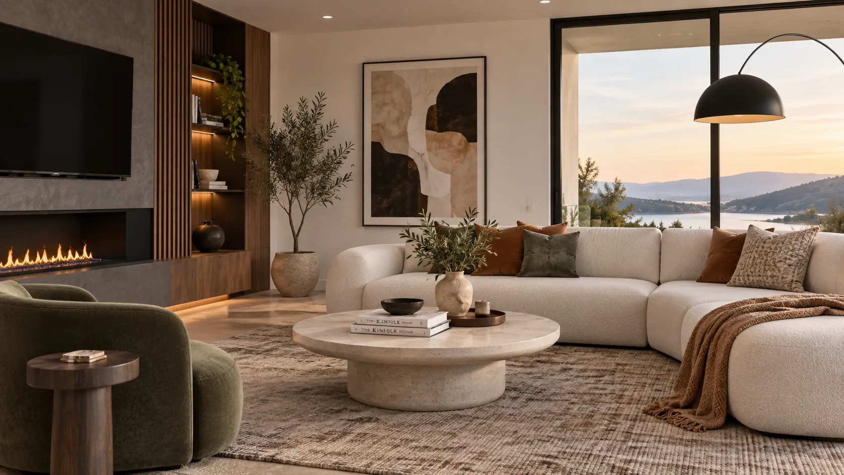 Penthouse living room with a curved sofa, fireplace and floor-to-ceiling views