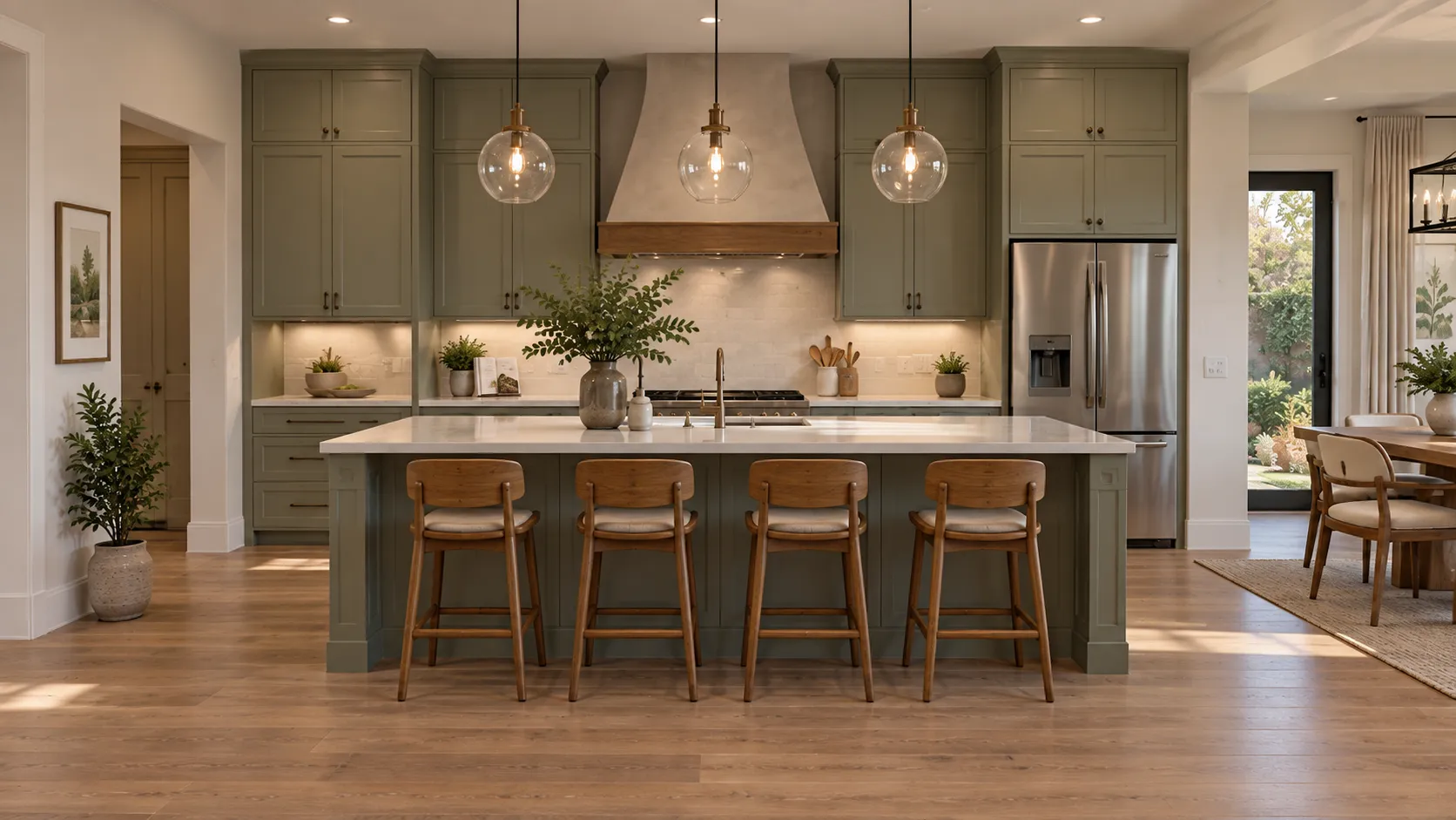 Sage-green kitchen with a long island and pendant lights