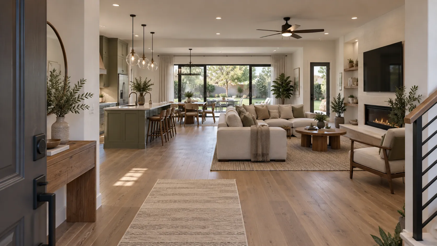 Open-plan living room flowing into a kitchen and dining area