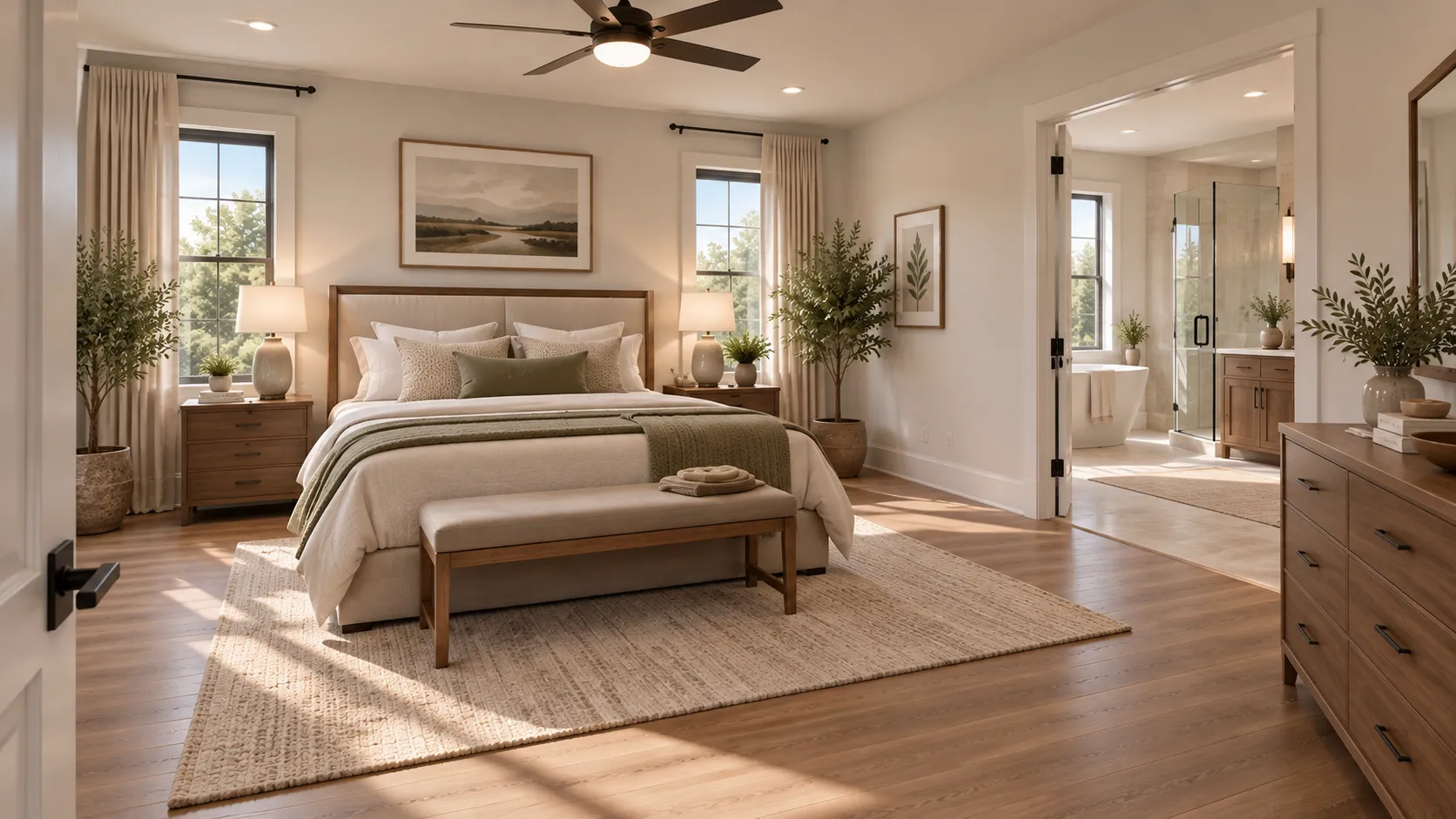 Primary bedroom styled for photography