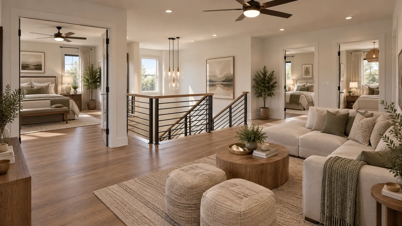Upstairs lounge with a black metal stair rail and soft seating