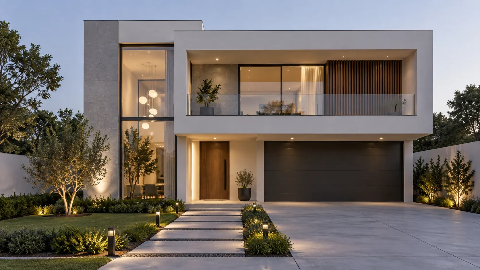 Modern white home with vertical slat details and a lit entry