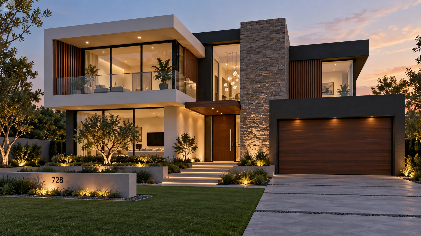 Modern home with stone and cedar façade lit at dusk